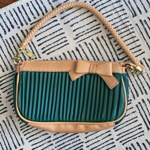 Green Pleated Purse with Brown Braided Detachable Handle and Bow Small Clutch